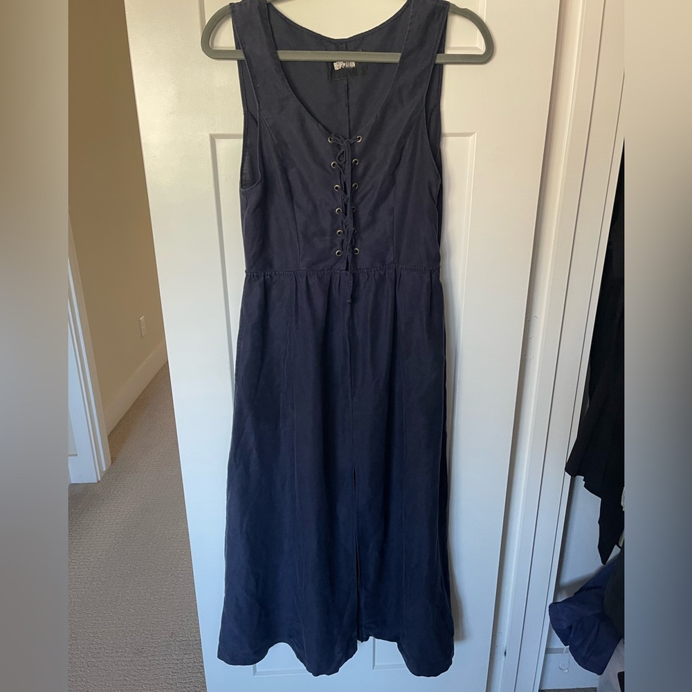 The Reformation Lido Navy Linen Lace up Dress
